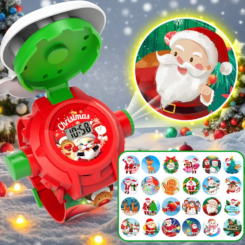 Kids Educational Watch - นาฬิกาฉายภาพคริสต์มาส ของเล่นเด็กเสริมพัฒนาการแบบมอนเตสซอรี่ นาฬิกาอิเล็กทรอนิกส์เรืองแสง ของเล่นซานตาคลอส นาฬิกาเด็ก ของขวัญวันหยุด