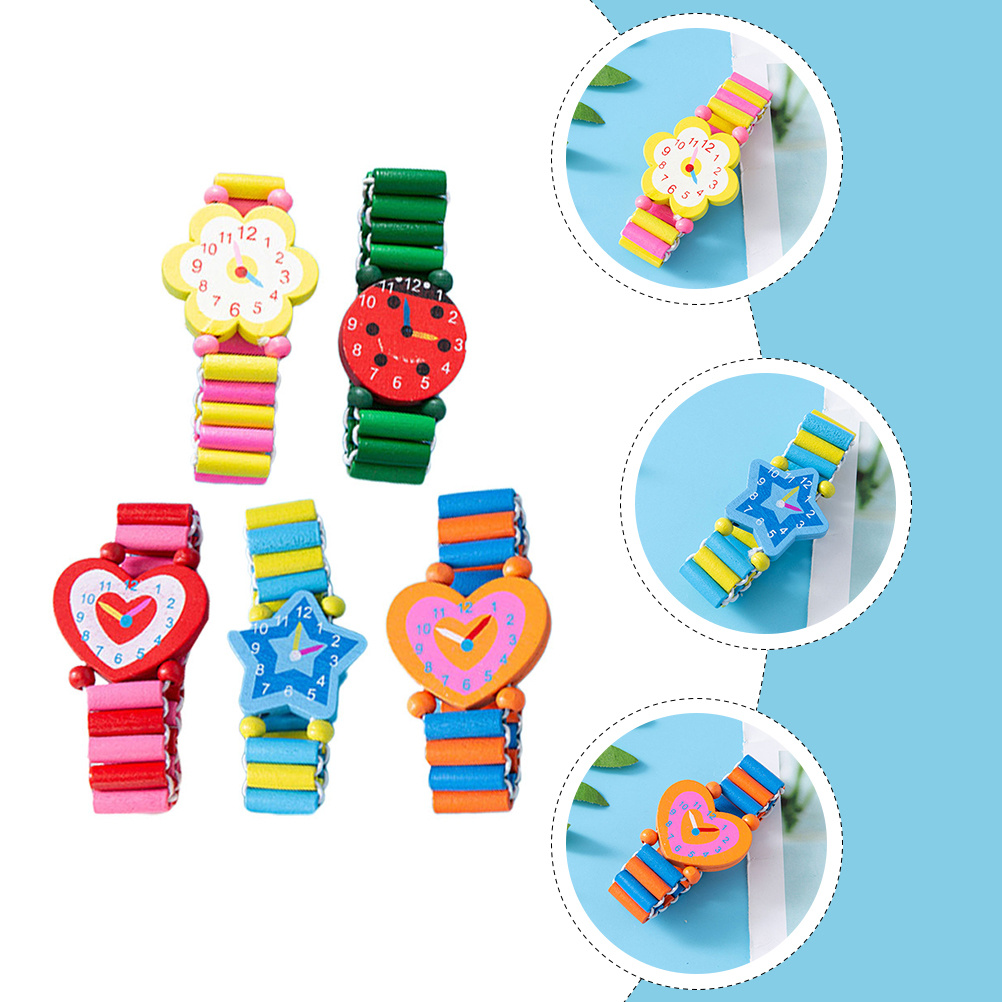 Kids Educational Watch - นาฬิกาข้อมือไม้เด็ก 5 ชิ้น หลากสีสัน ลายการ์ตูนสดใส ของขวัญเสริมการเรียนรู้เรื่องเวลาสำหรับเด็ก