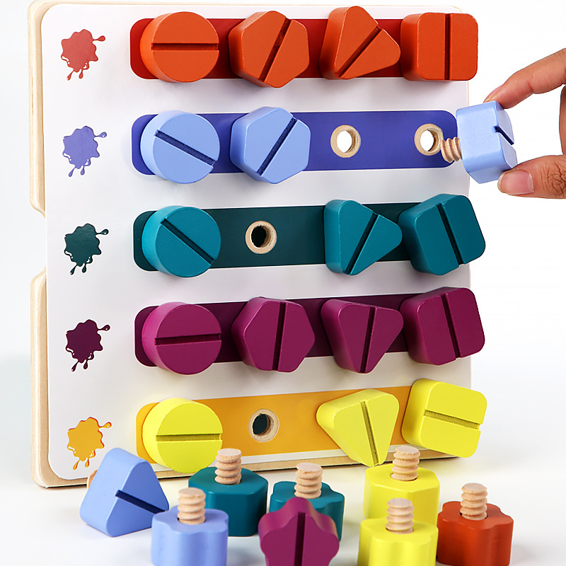 Montessori Shelf Toy - เด็กไม้สกรู Nut Disassembly รูปร่างการจับคู่สีบล็อกอาคาร Montessori Sudoku