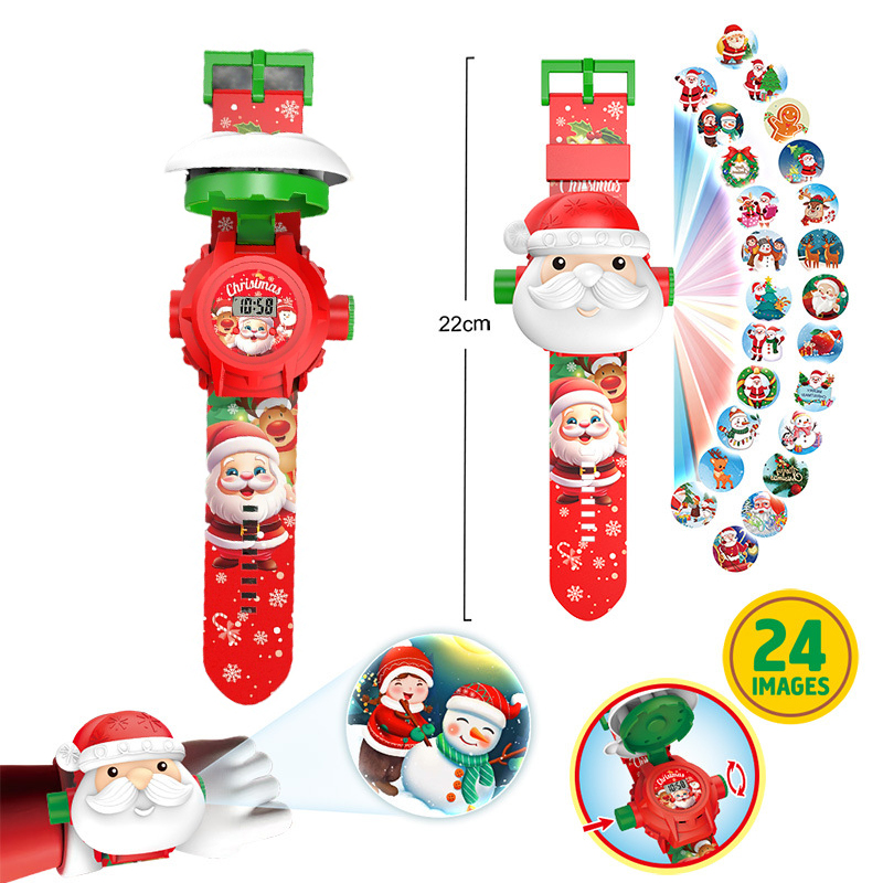 Kids Educational Watch - นาฬิกาฉายภาพคริสต์มาส ของเล่นเด็กเสริมพัฒนาการแบบมอนเตสซอรี่ นาฬิกาอิเล็กทรอนิกส์เรืองแสง ของเล่นซานตาคลอส นาฬิกาเด็ก ของขวัญวันหยุด