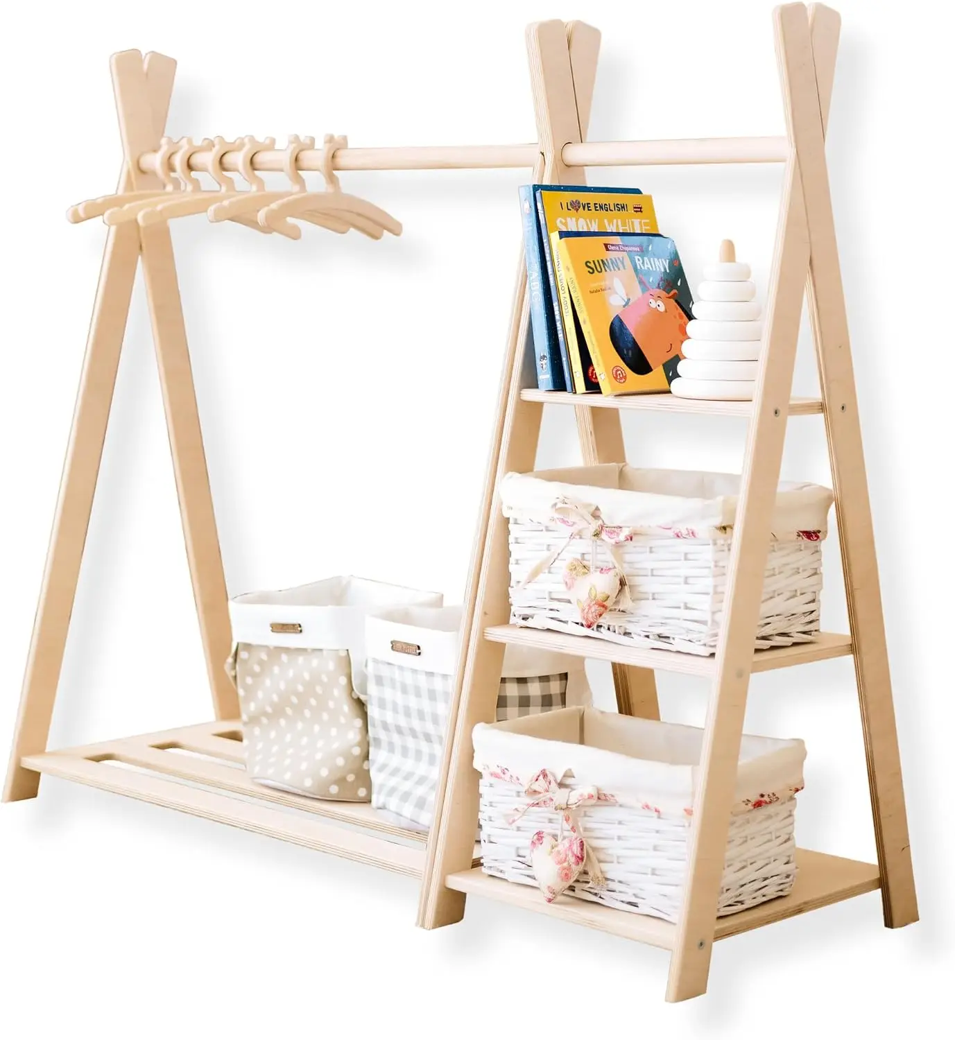 Montessori Shelf Toy - ที่เก็บของเล่น + ตู้เสื้อผ้ามอนเตสซอรี่, ราวแขวนเสื้อผ้าไม้, ชั้นวางของเล่น, เฟอร์นิเจอร์ห้องเด็ก,