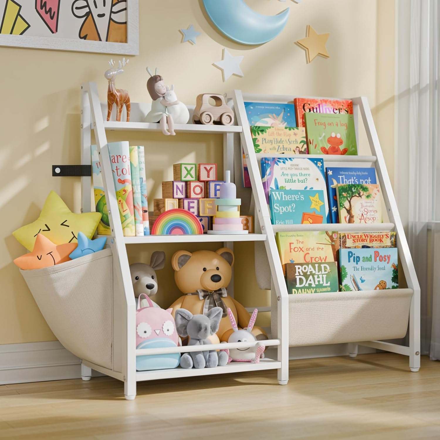 Montessori Shelf Toy - ชั้นวางหนังสือเด็ก 3 ชั้นและที่เก็บของเล่น, ชั้นวางหนังสือเด็กแบบแขวน, ชั้นวางหนังสือเด็กเล็กแบบมอนเตสซอรี่สำหรับเด็ก, ตู้หนังสือเด็ก,